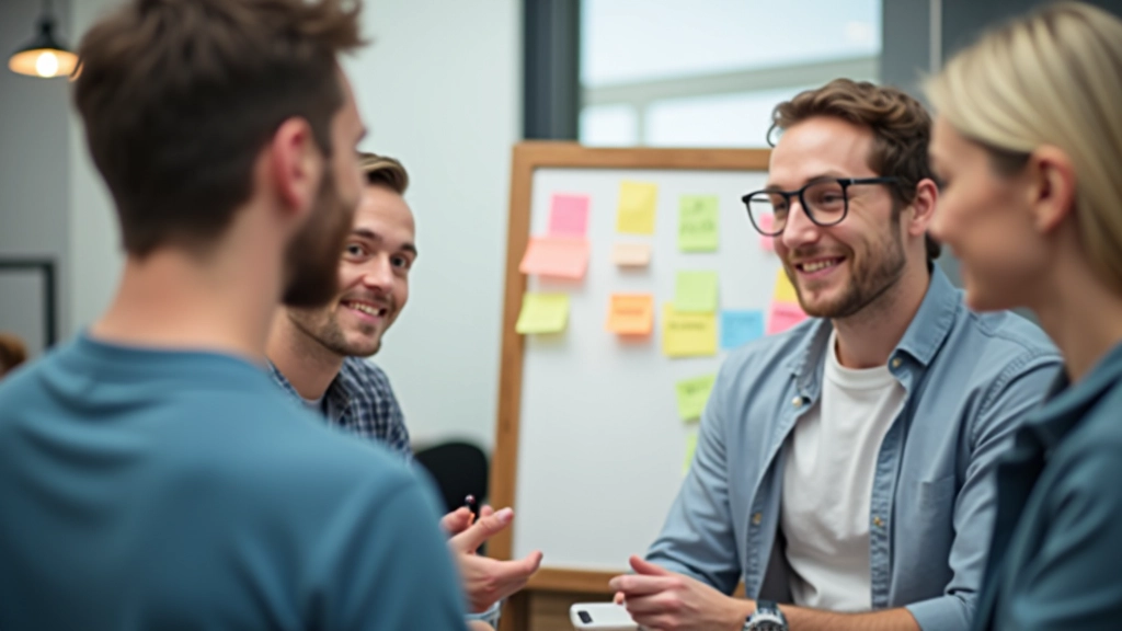 Startupa komanda darba sesijā ar krāsainām kartīšām uz tāfeles, brainstormings un ideju ģenerēšana