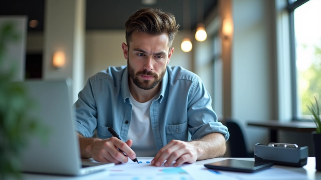 Jauns uzņēmējs plāno biznesa stratēģiju ar grafiem un statistiku, startup attīstības plānošana