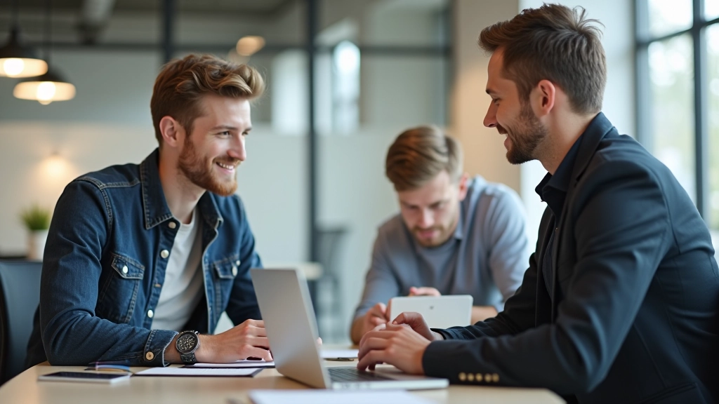 Jauni uzņēmēji diskutē par startup ideju ar datoru un diezem uz galda
